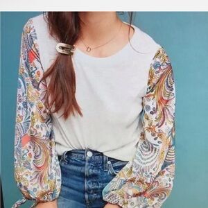Anthropologie Maybelle Bird Peacock Tie Sleeve Blouse Medium Cotton Boho Shirt